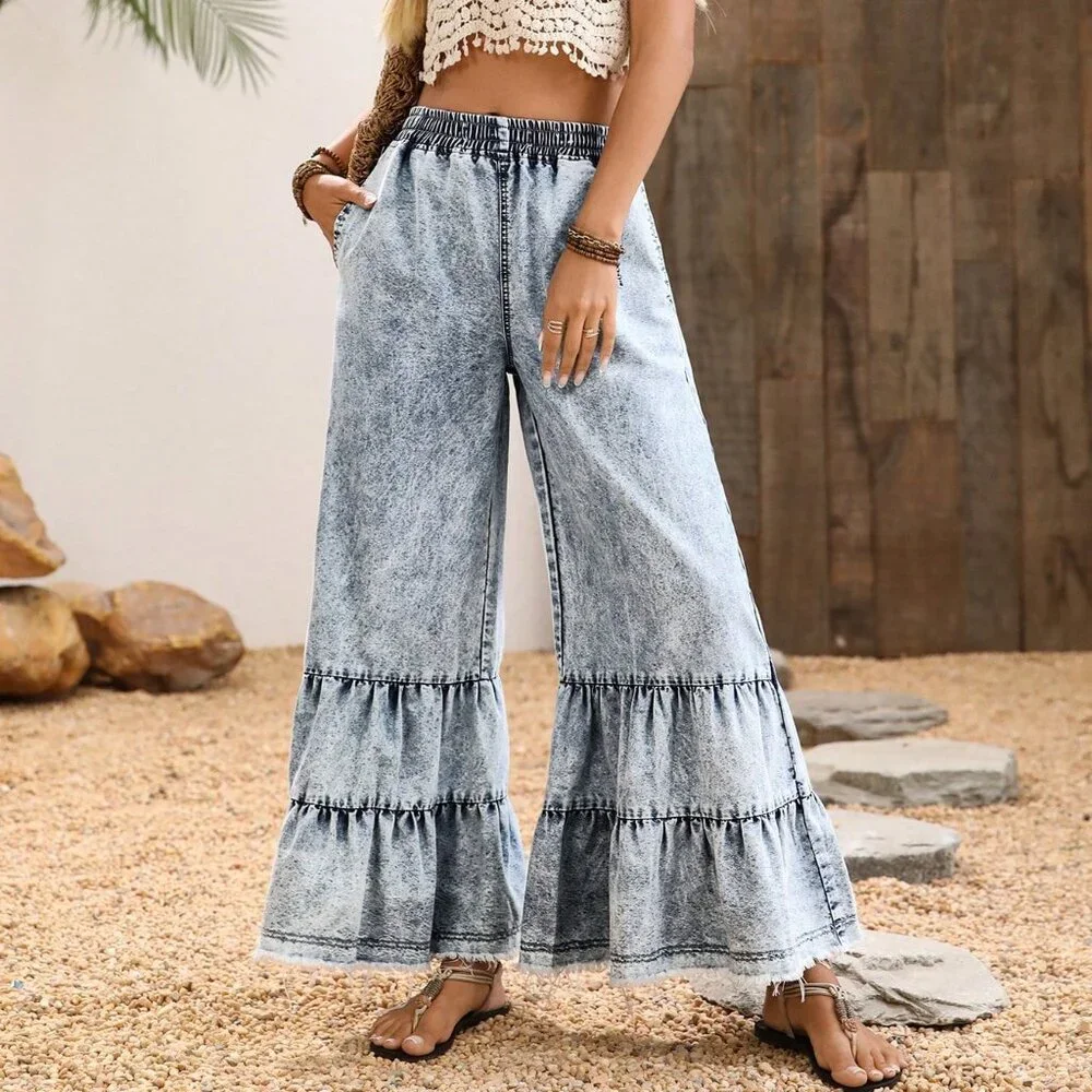Light Wash Boho Women's Casual Elastic Waist Pocket Wide Leg Denim Pants